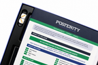 Close-up of a printed poster or game board insert titled "POSTERITY" with financial game instructions, shown inside a dark blue frame with two white dice visible on the left.
